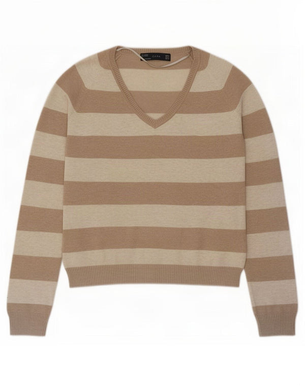 Zara Damen-Pullover mit V-Ausschnitt, Gr. 44, groß, beige, gestreift, Baumwolle