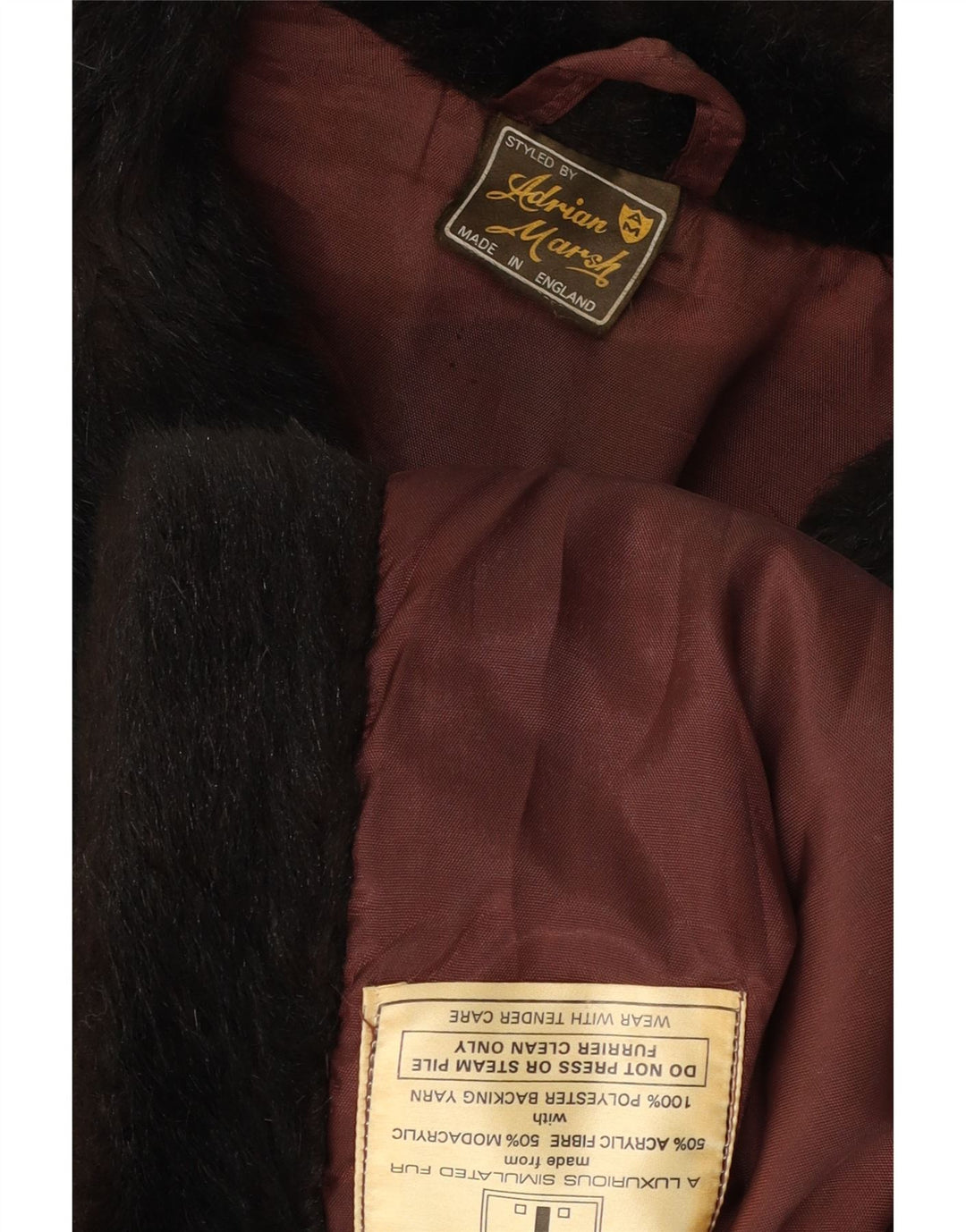 VINTAGE Damen Kunstfell-Zweireihermantel UK 10 Small Schwarz Acryl