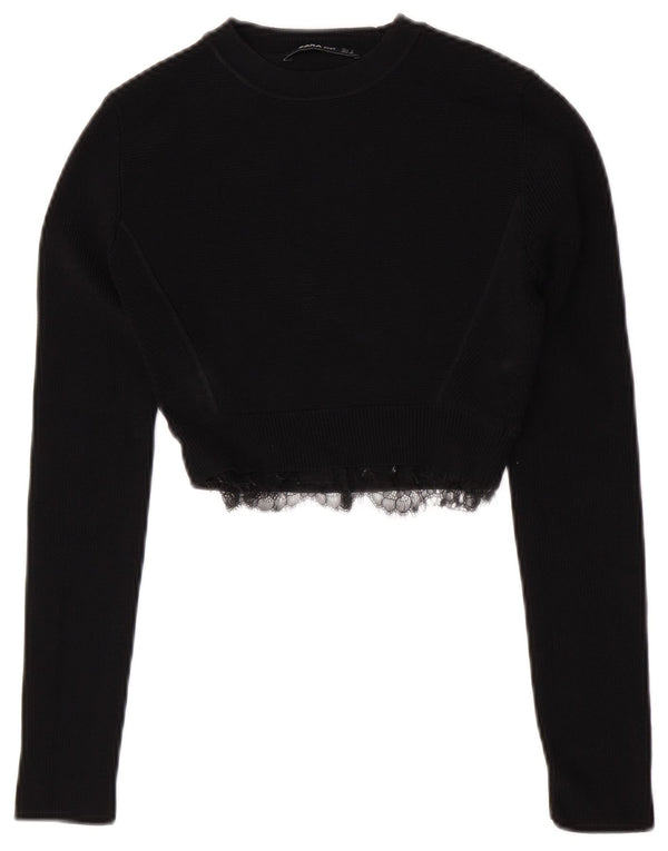 Zara Damen Crop Crew Neck Pullover Pullover UK 8 Small Schwarze Viskose