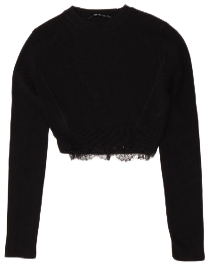 Zara Damen Crop Crew Neck Pullover Pullover UK 8 Small Schwarze Viskose