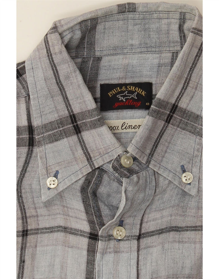 PAUL & SHARK Mens Tall Short Sleeve Shirt Medium Blue Plaid Linen