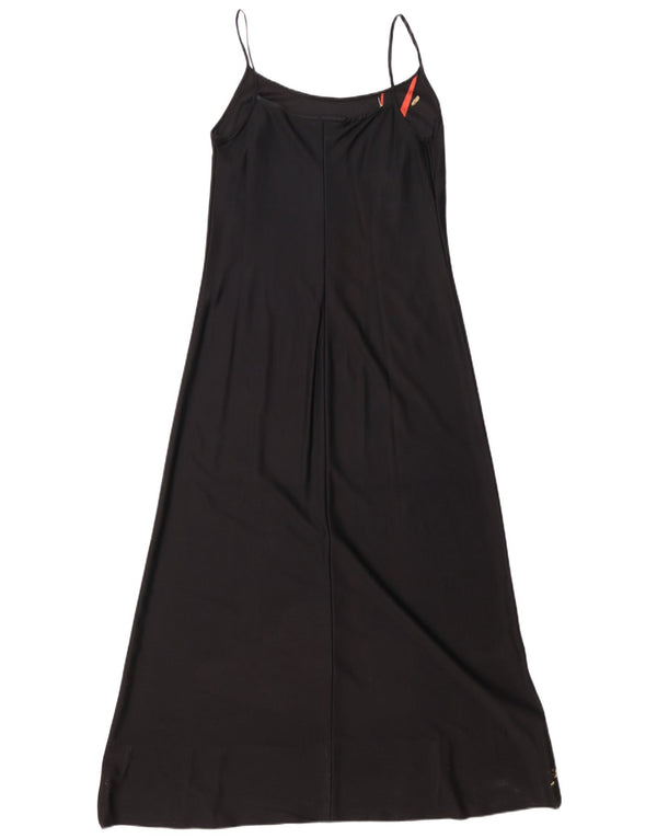 Vintage Damen Grafisches ärmelloses Maxikleid UK 12 Mittelschwarz geblümt