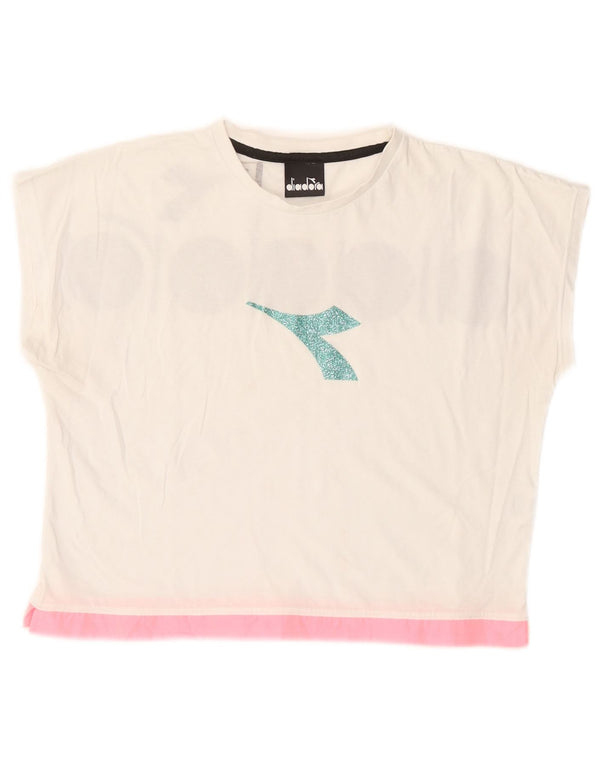 Diadora Damen Crop Graphic T-Shirt Top UK 12 Medium Weiß