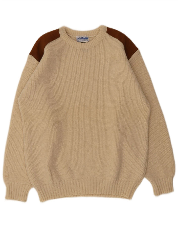 Vintage Herren-Pullover mit Rundhalsausschnitt, mittelbeigefarbene Wollblockfarbe