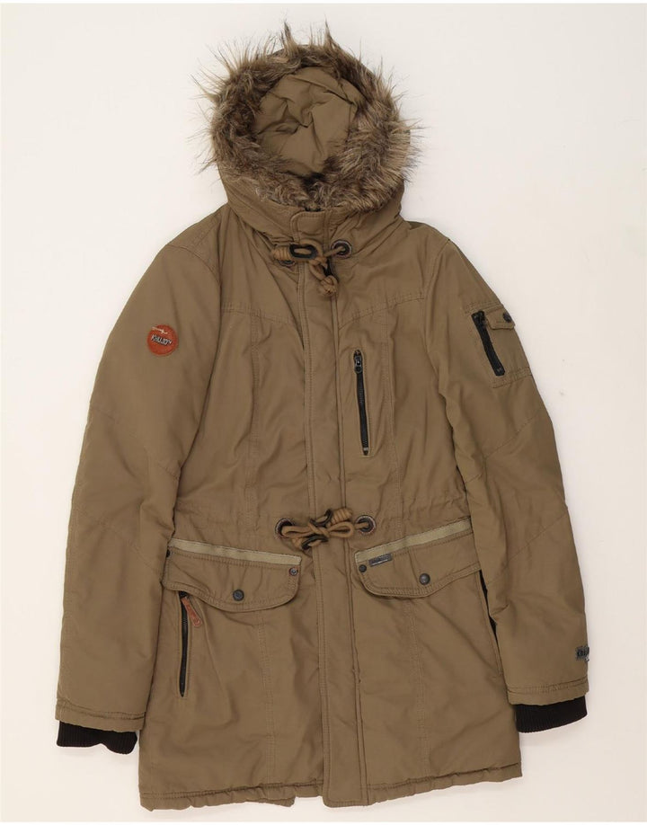 KHUJO Mens Hooded Parka Jacket UK 36 Small Khaki Vintage KHUJO and Second-Hand KHUJO from Messina Hembry 