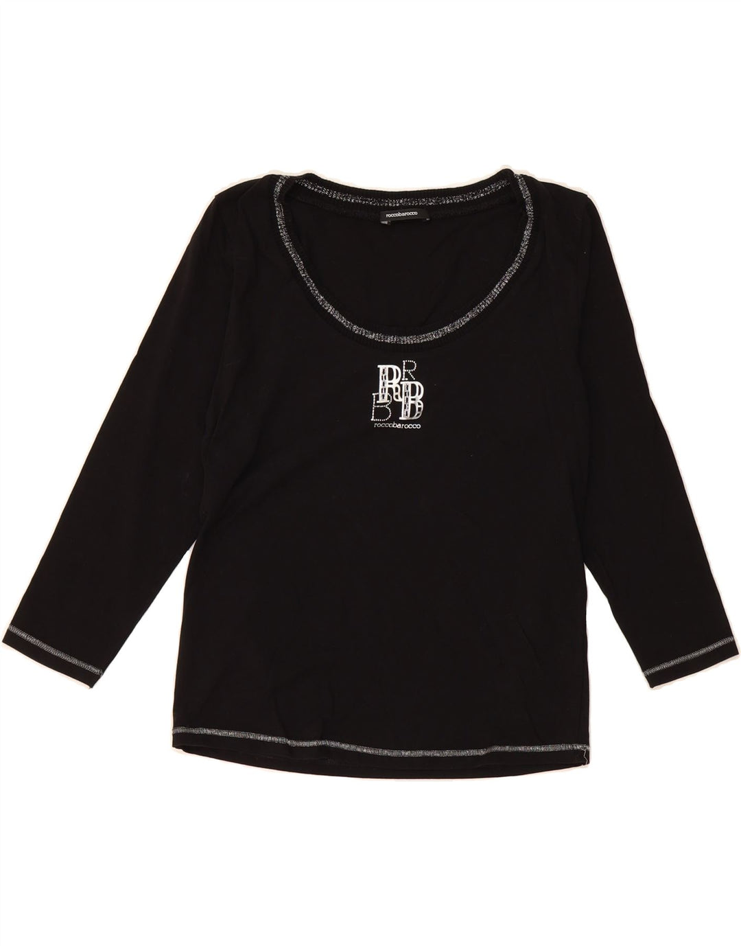 ROCCOBAROCCO Womens Crop Graphic Top 3/4 Sleeve US 12 Large Black Cotton Vintage Roccobarocco and Second-Hand Roccobarocco from Messina Hembry 