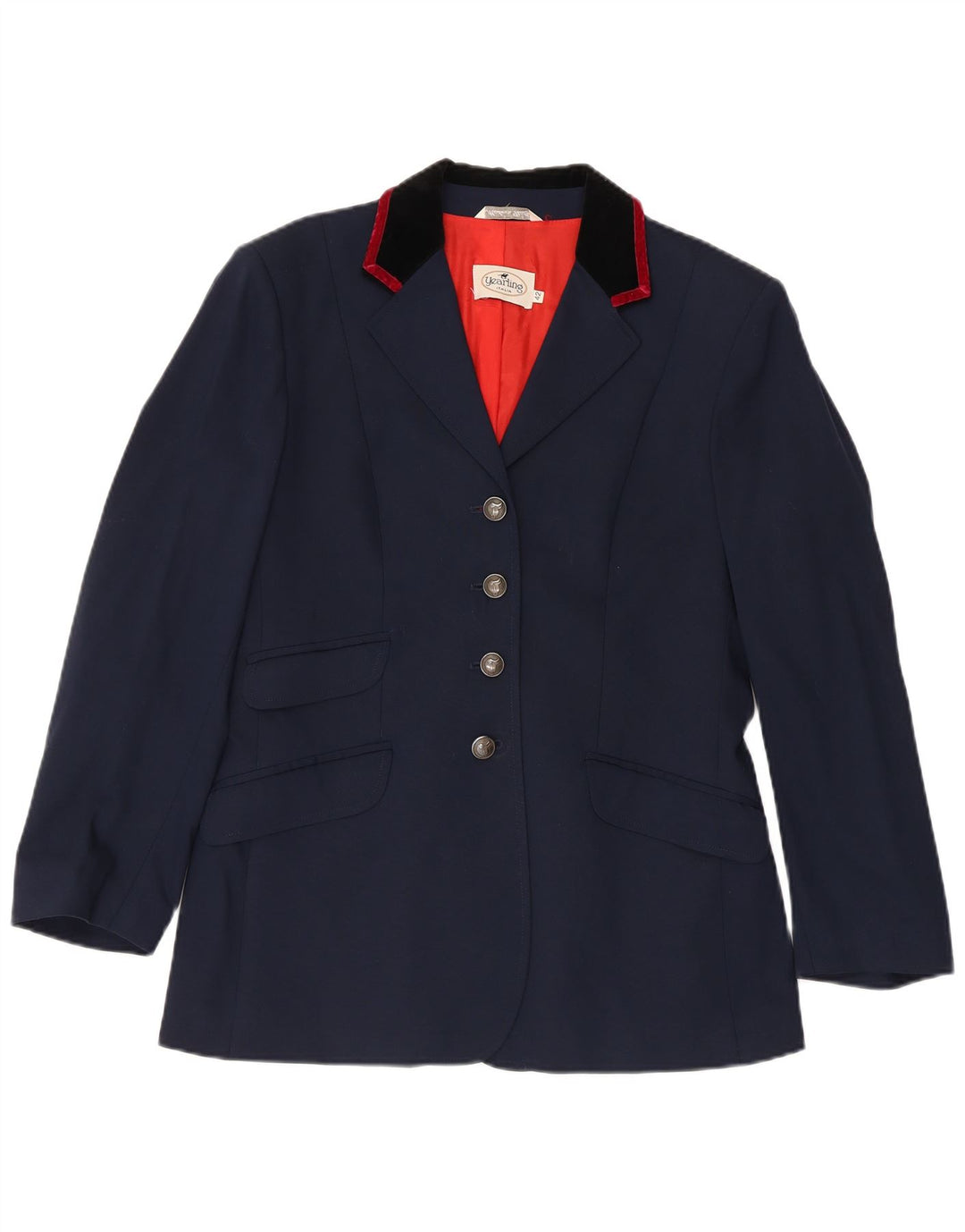 Vintage Damen-Reit-4-Knopf-Blazer-Jacke IT 42 Mittelmarineblaue Wolle