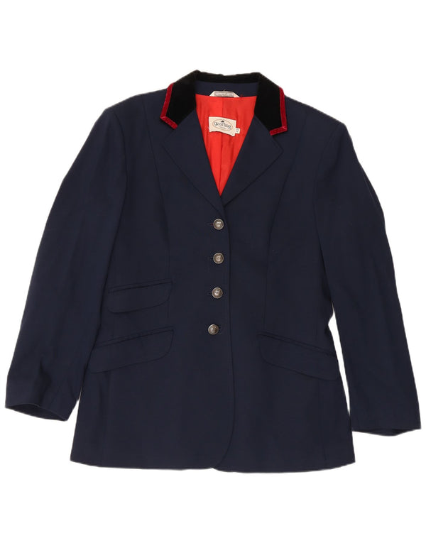 Vintage Damen-Reit-4-Knopf-Blazer-Jacke IT 42 Mittelmarineblaue Wolle