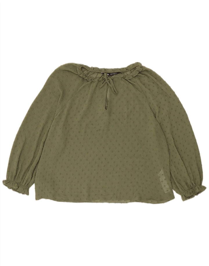 Durchsichtiges Damen-Blusenoberteil mit 3/4-Ärmeln von Zara, UK-Größe 44, mittleres Khaki mit Flecken