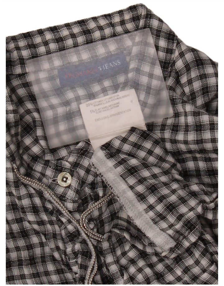 Trussardi Jeans Damen-Hemd mit Rüschen vorne, UK 14, groß, schwarz kariert, Baumwolle
