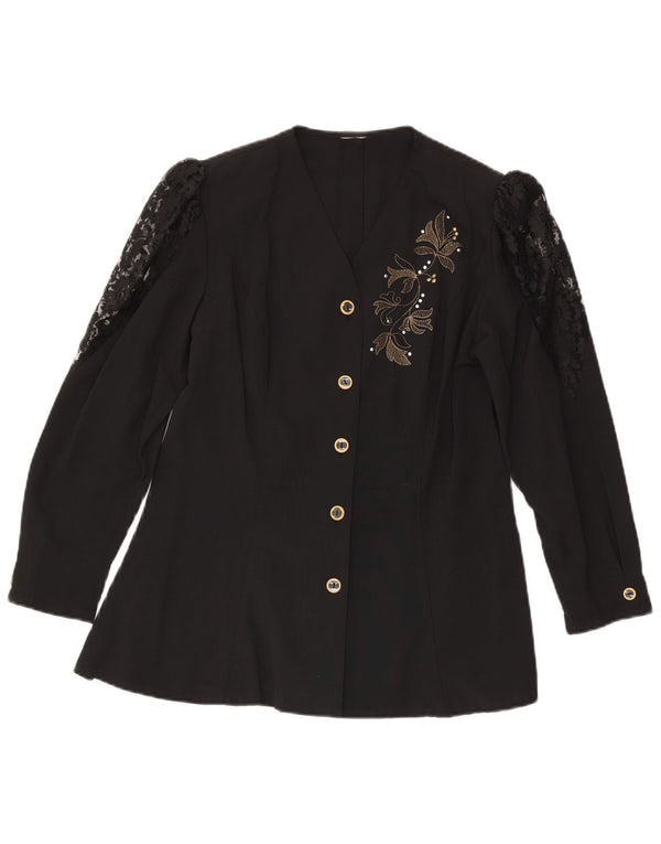 Vintage Womens Long Sleeve Shirt Blouse UK 14 Medium Black Floral Designer