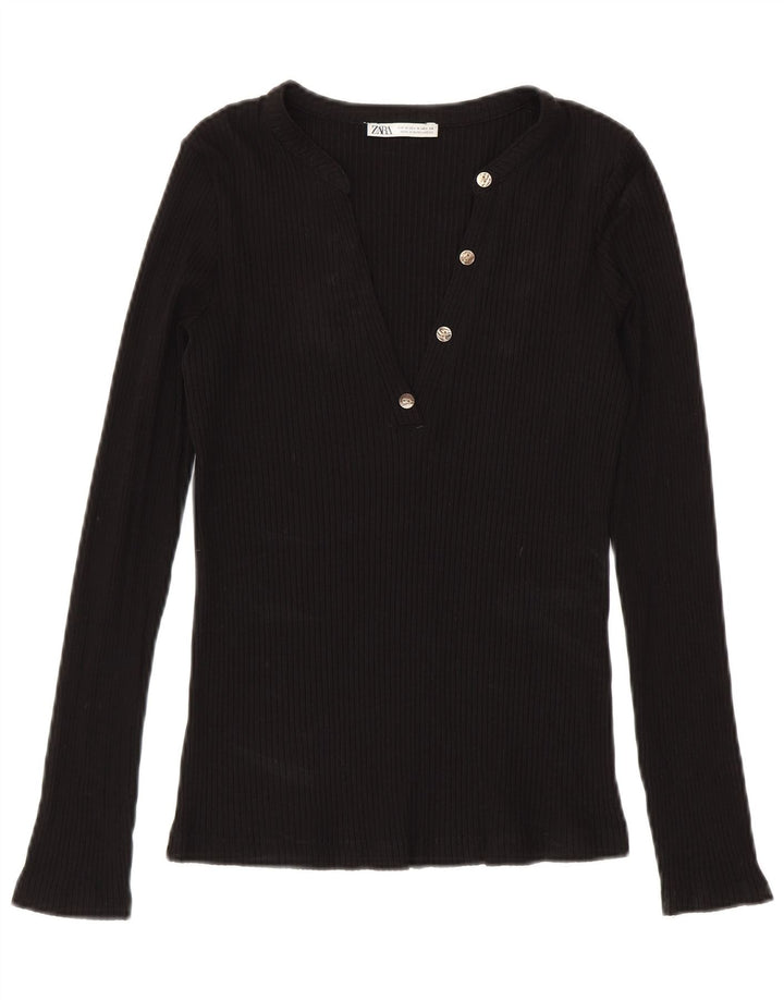 Zara Damen Top Langarm UK 12 Medium Schwarz Modal