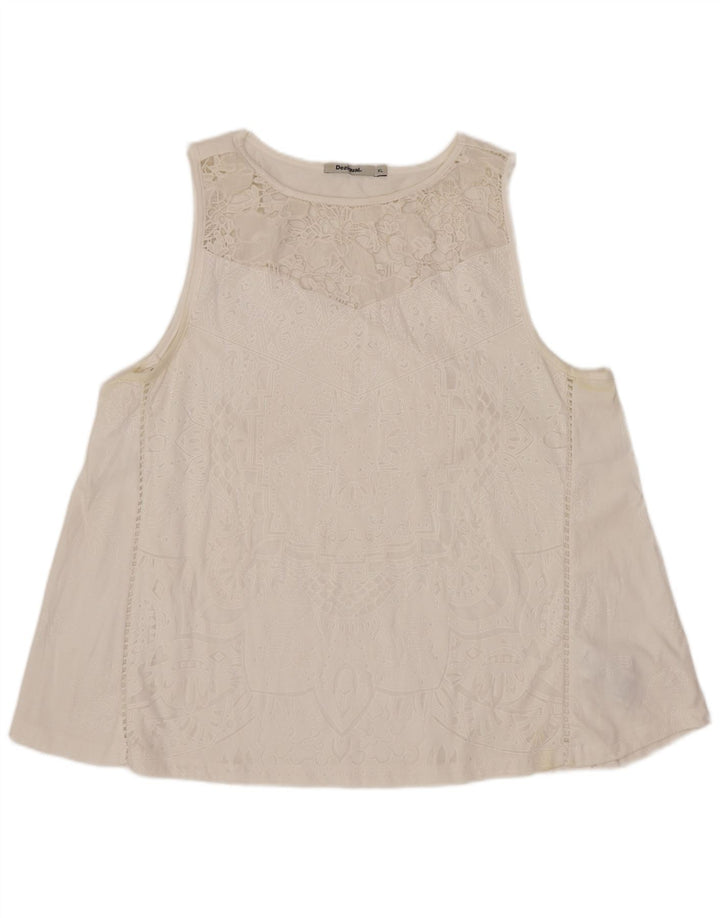 Desigual Damen ärmelloses Blusenoberteil UK 18 XL Weiß geblümtes Polyester