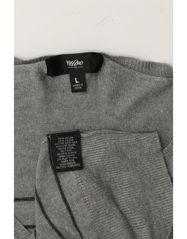 MOSSIMO Womens V-Neck Jumper Sweater UK 14 Large Grey Striped Nylon Vintage Mossimo and Second-Hand Mossimo from Messina Hembry 