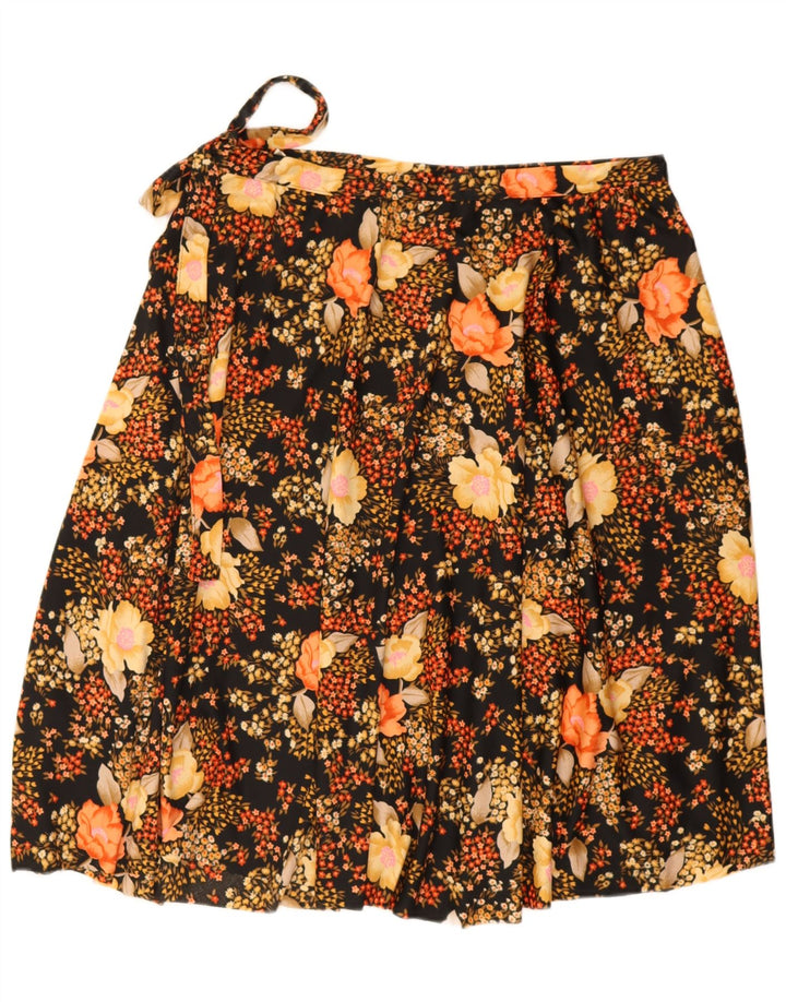 Vintage Damen A-Linie Rock W34 Großes schwarzes Blumenmuster aus Polyester