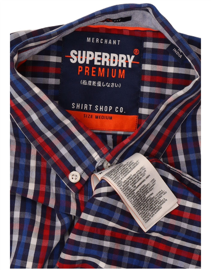 SUPERDRY Herren-Kurzarmhemd mit normaler Passform, mittelblau karierte Baumwolle