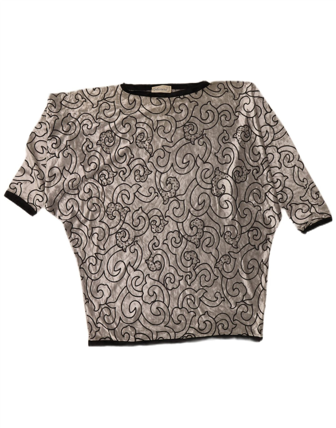 VINTAGE Damen Fledermaus-Samt-Tunika-Top UK 22 3XL Silber geometrische Viskose