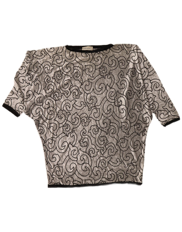 VINTAGE Damen Fledermaus-Samt-Tunika-Top UK 22 3XL Silber geometrische Viskose