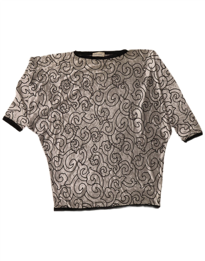 VINTAGE Damen Fledermaus-Samt-Tunika-Top UK 22 3XL Silber geometrische Viskose