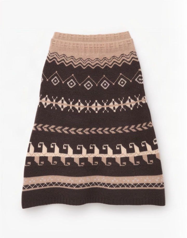 Benetton Damen-Strick-Midirock, Einheitsgröße, braun, geometrisch, Wolle, ethnischer Stil