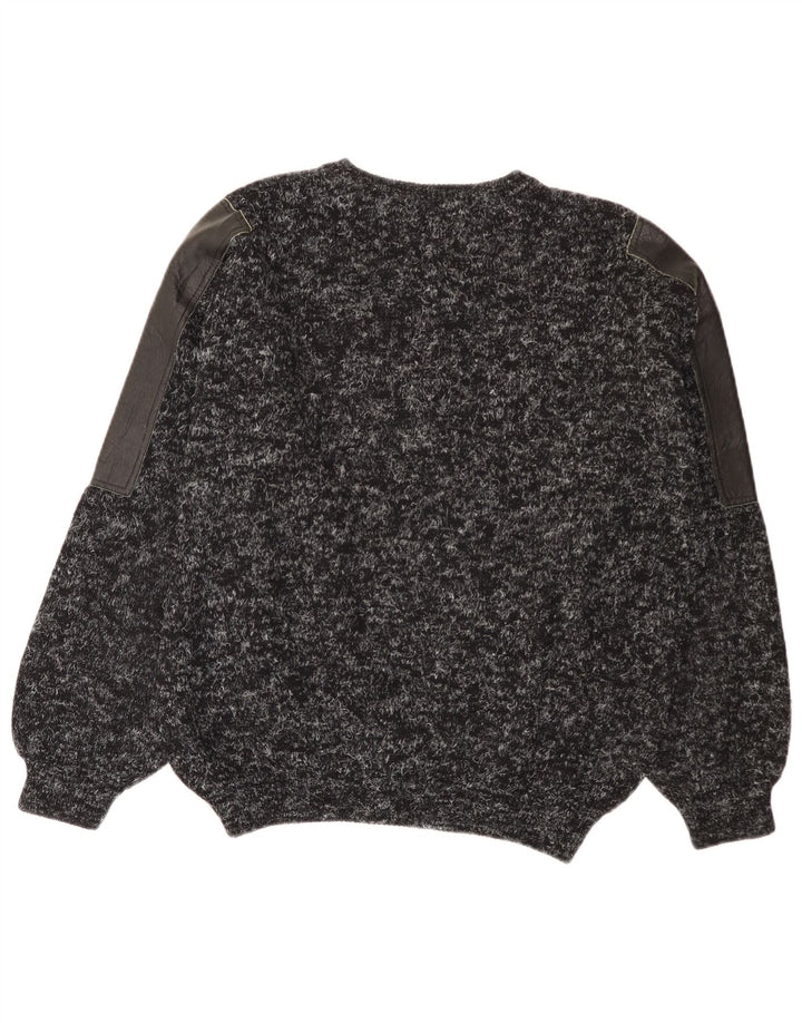 Vintage Herren Pullover mit Rundhalsausschnitt, groß, schwarz, Patchwork-Wolle