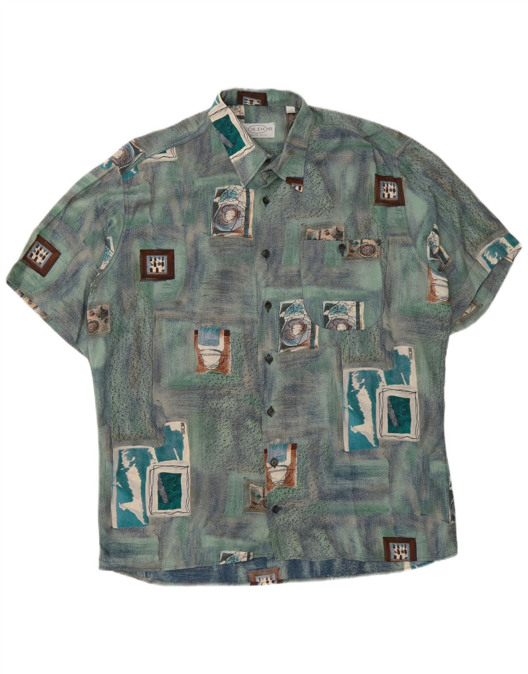 Coldor Herren-Kurzarmhemd, Größe 41/42, groß, blaue Patchwork-Viskose