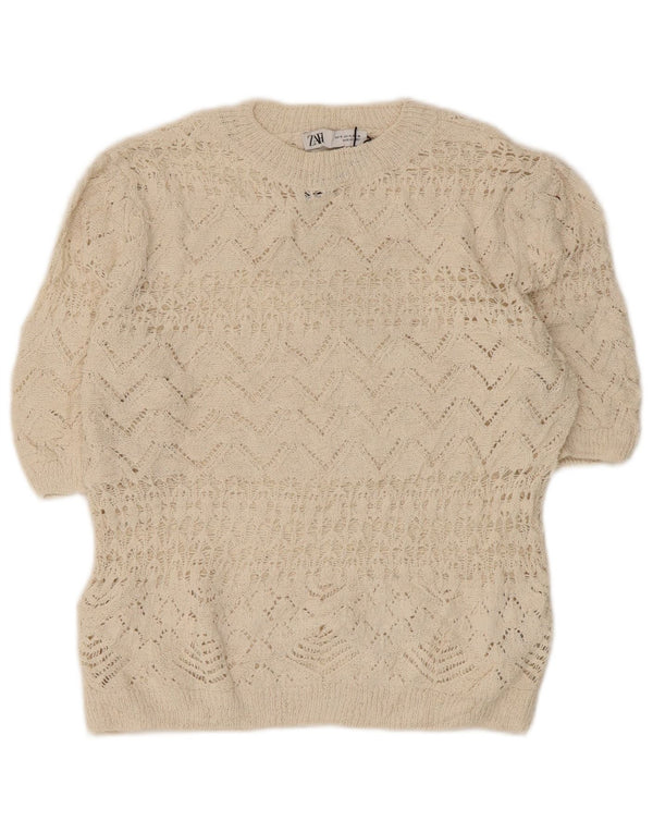 Zara Damen Crop Crochet Bluse Top UK 12 Medium Off White Polyester