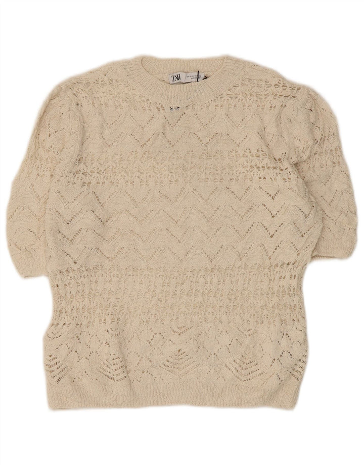 Zara Damen Crop Crochet Bluse Top UK 12 Medium Off White Polyester