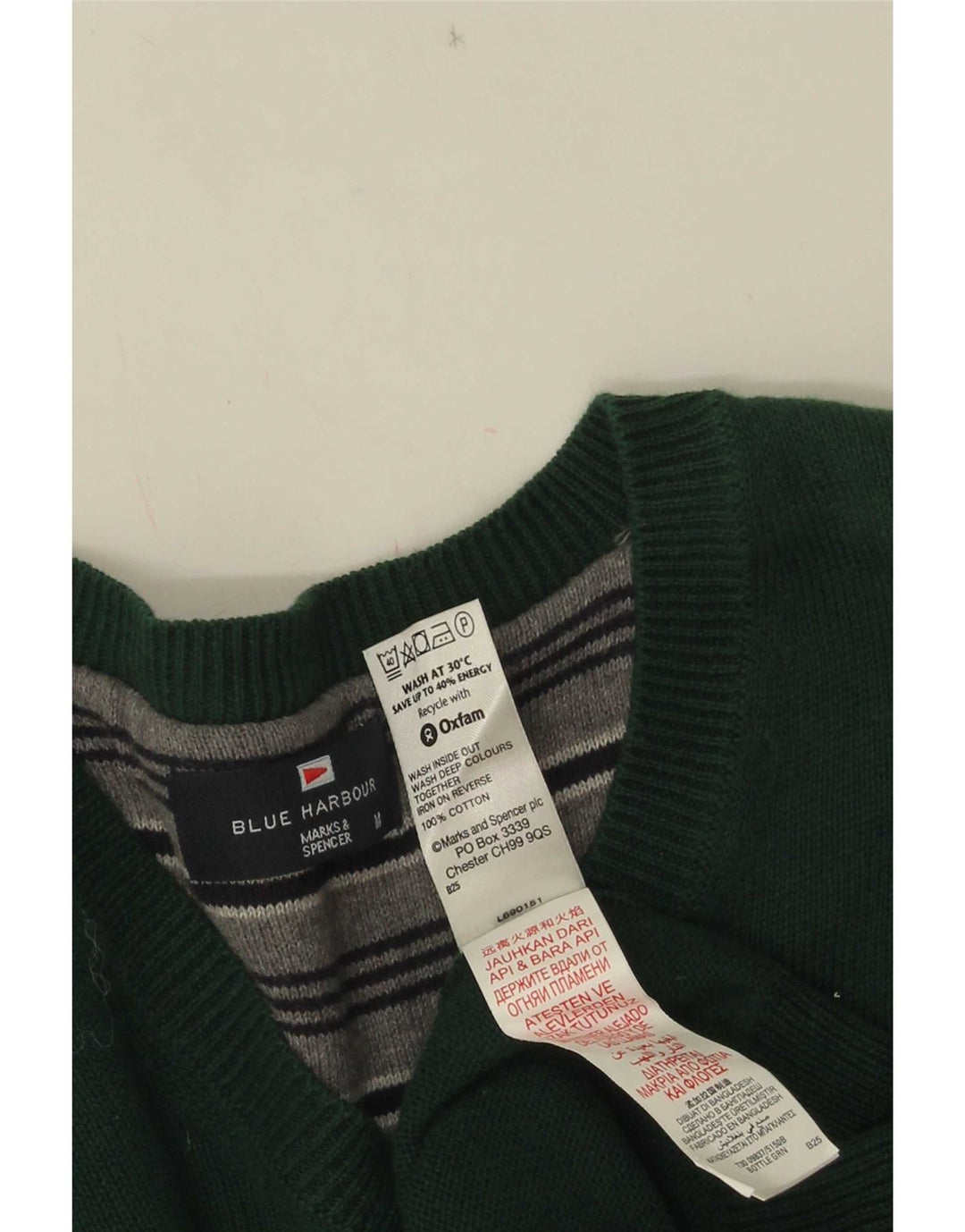 Marks & Spencer Herren Blauer Harbor-Pullover mit V-Ausschnitt aus mittelgrüner Baumwolle