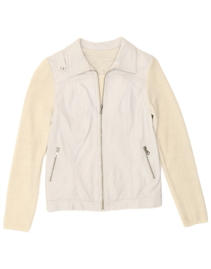 Vintage Damen Bikerjacke UK 8 Small Off White Colourblock Acryl