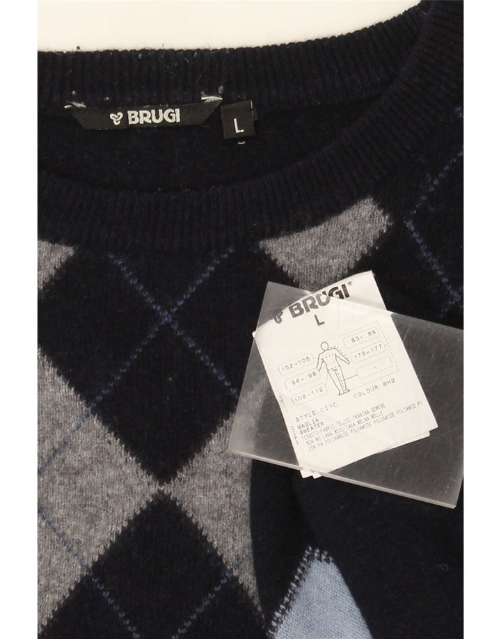 Brugi Herren-Pullover mit Rundhalsausschnitt, groß, marineblau, Argyle-/Diamant-Wolle