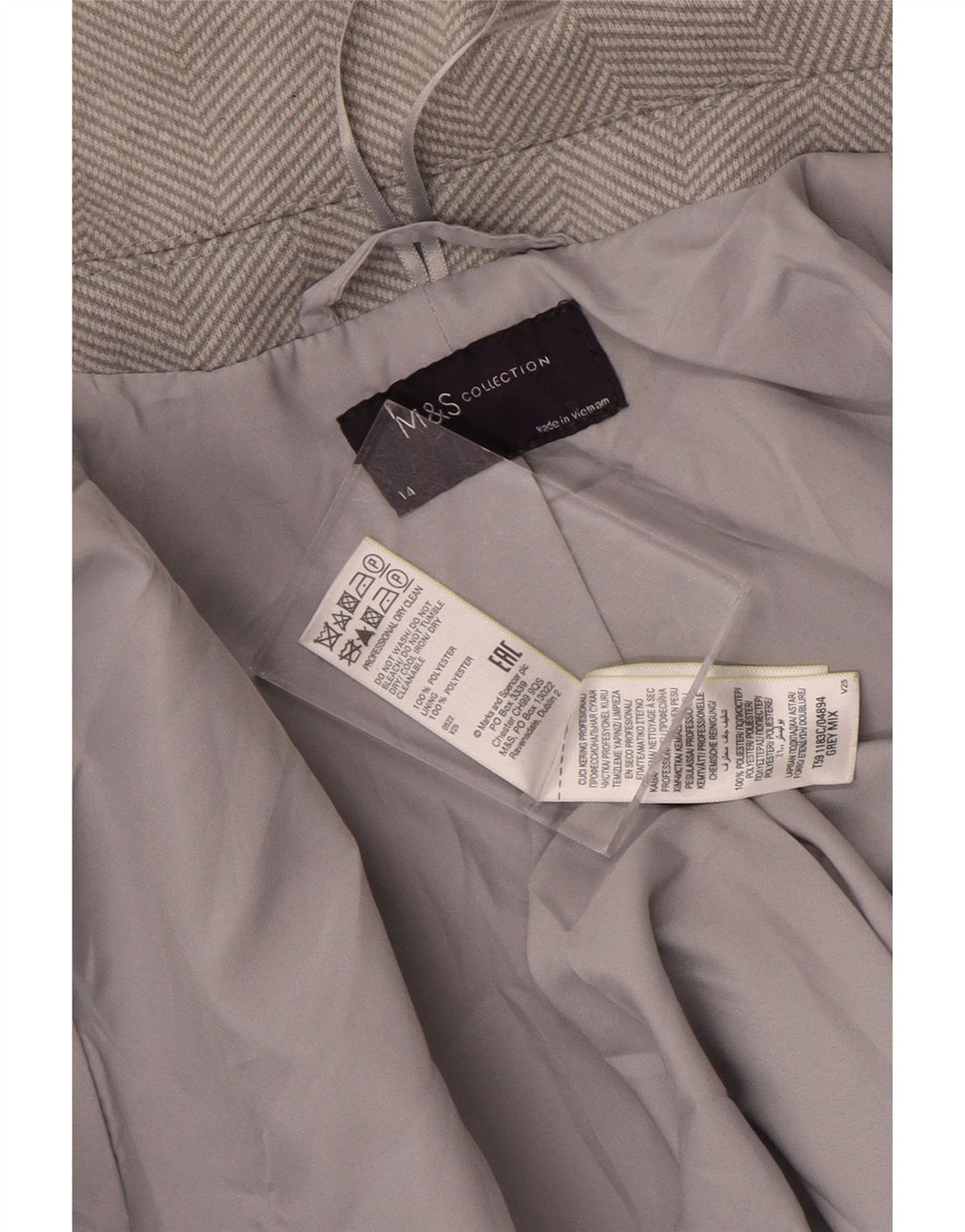 Marks & Spencer Damenmantel UK 14 Large Graues Fischgrätenmuster aus Polyester