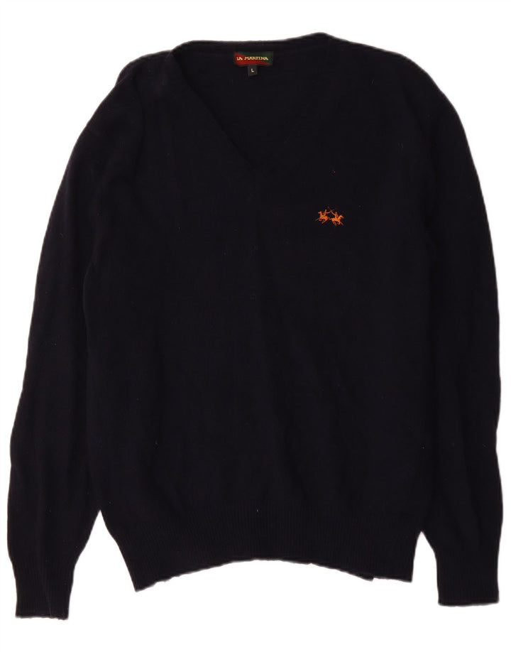La Martina Herren-Pullover mit V-Ausschnitt, groß, marineblaue Schurwolle