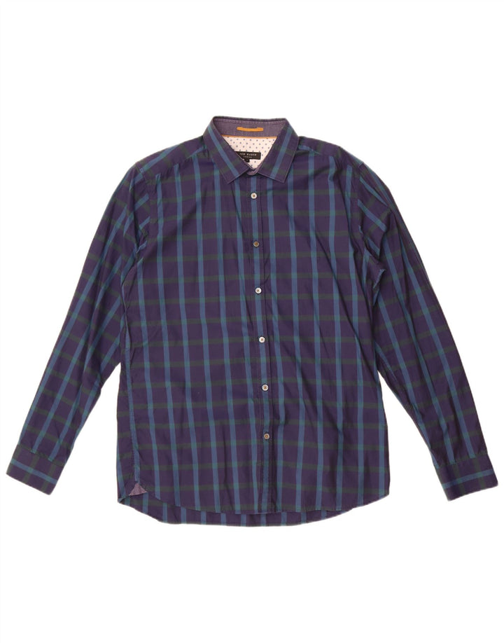 Ted Baker Herrenhemd, Größe 4, groß, marineblau, kariert, Baumwolle