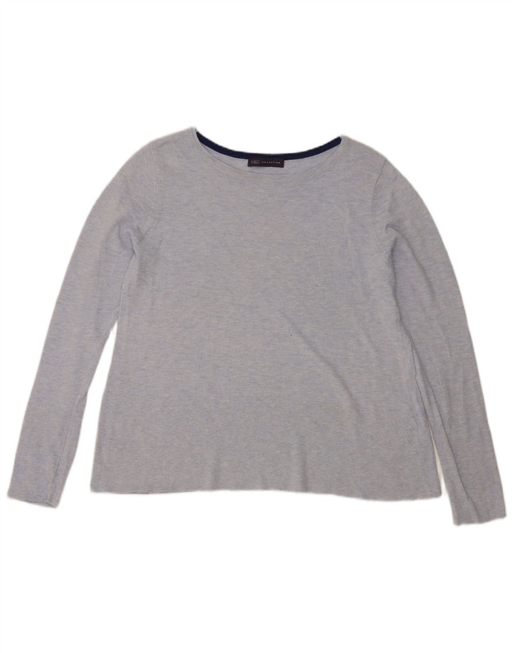 Marks & Spencer Damen Top Langarm UK 12 Mittelblaue Baumwolle