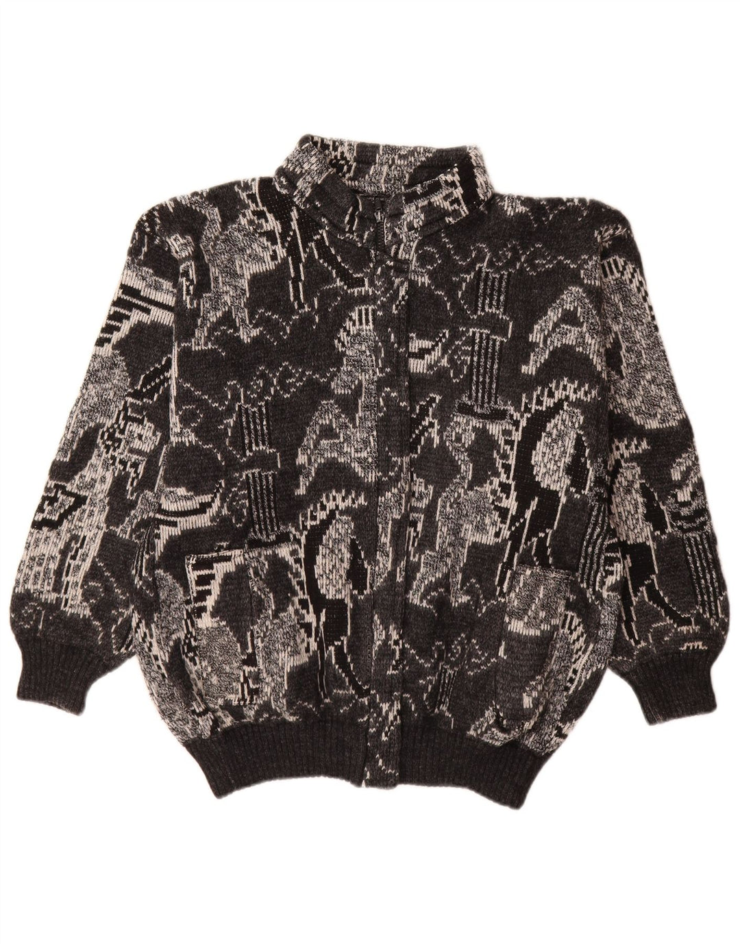 Vintage Damen Cardigan Pullover UK 18 XL Schwarze geometrische Wolle