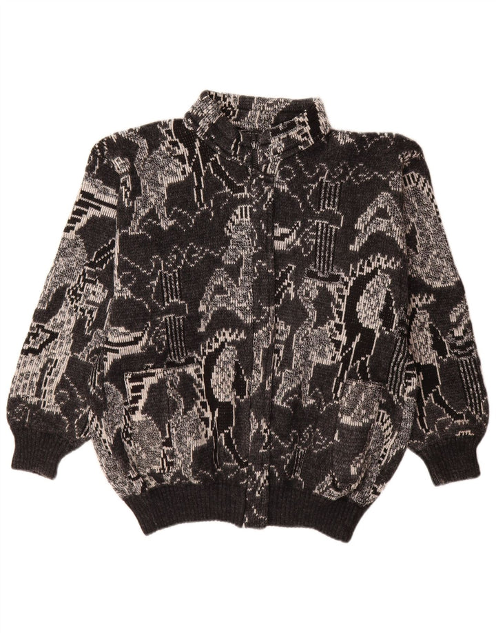 Vintage Damen Cardigan Pullover UK 18 XL Schwarze geometrische Wolle