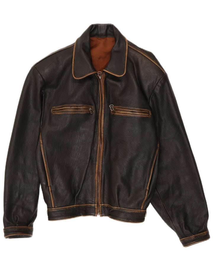 Vintage Herren Loose Fit Bomber Lederjacke UK 38 Mittelschwarzes Leder