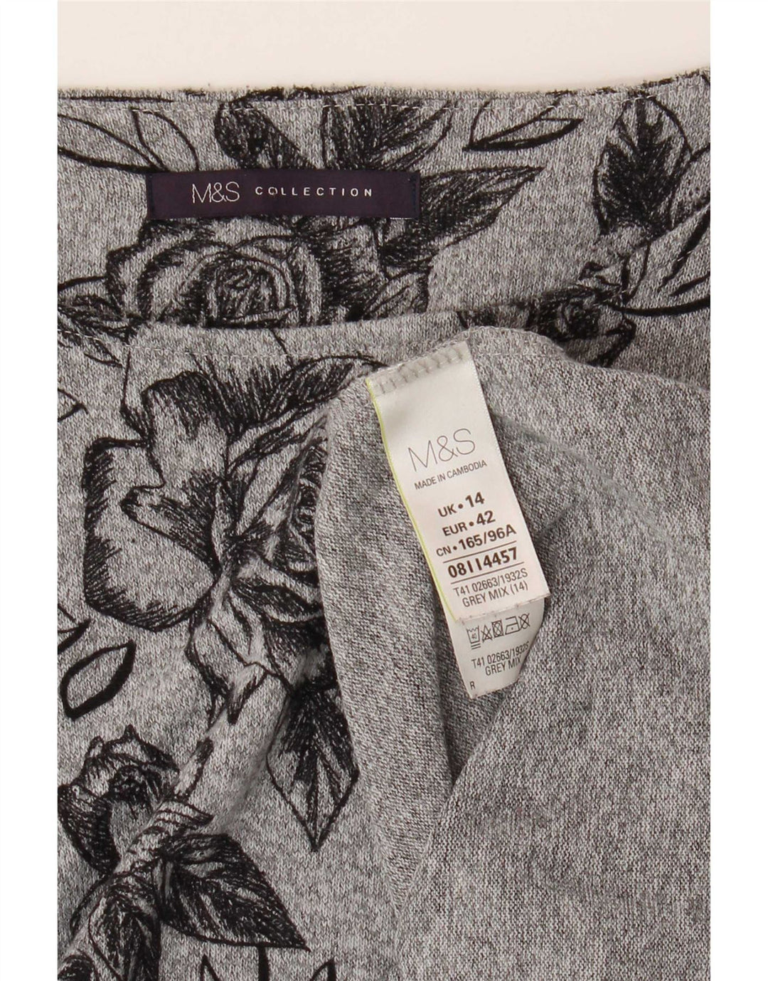 Marks & Spencer Damen-Top, 3/4-Ärmel, UK-Größe 44, Größe L, grau, geblümt, Polyester