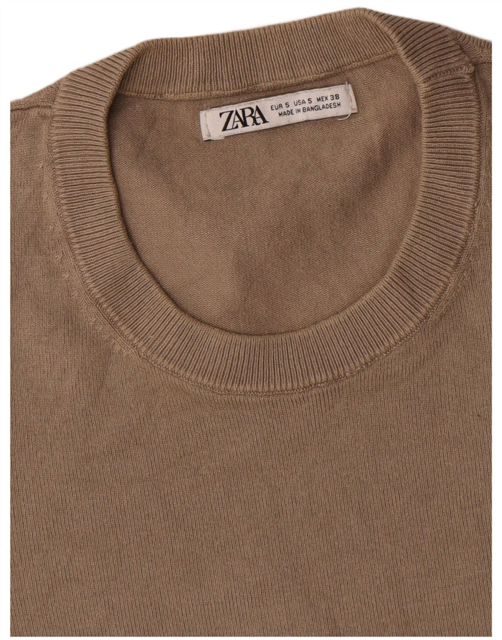Zara Herren Kurzarm-Pullover mit Rundhalsausschnitt, kleine braune Viskose