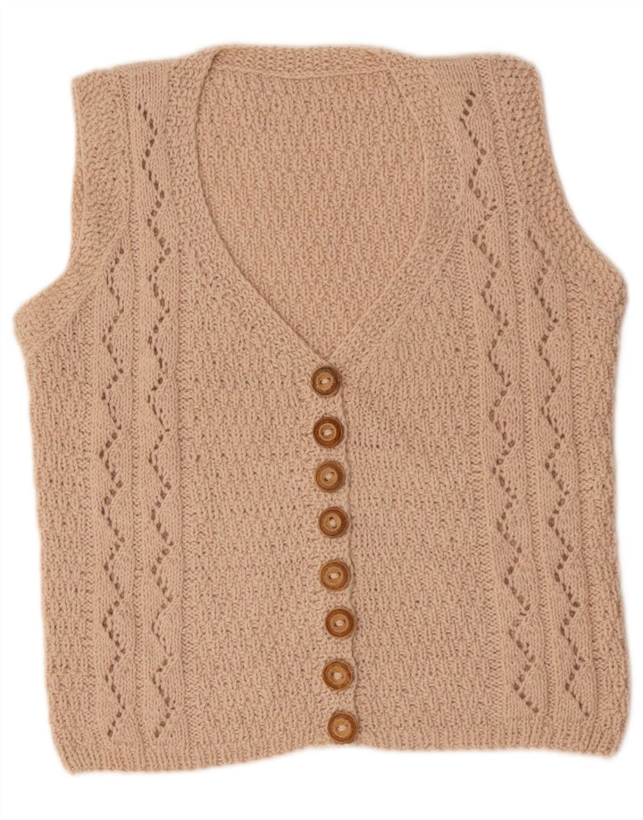 VINTAGE Ärmelloser Damen-Cardigan-Pullover UK 14 Mittelbeige