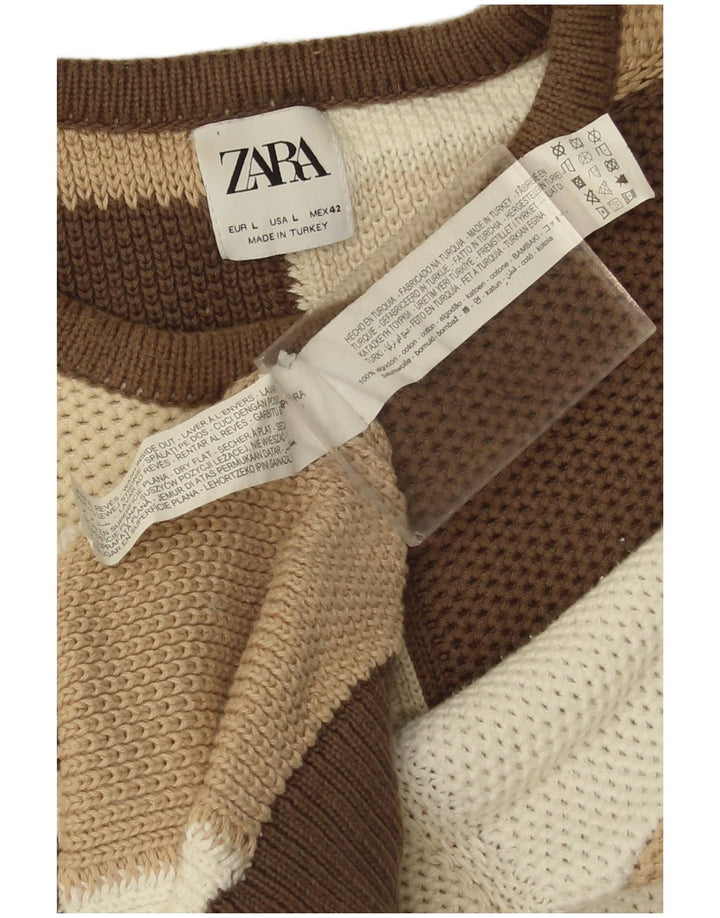 Zara Herren-Pullover mit U-Boot-Ausschnitt, groß, mehrfarbig, geometrisch, Baumwolle