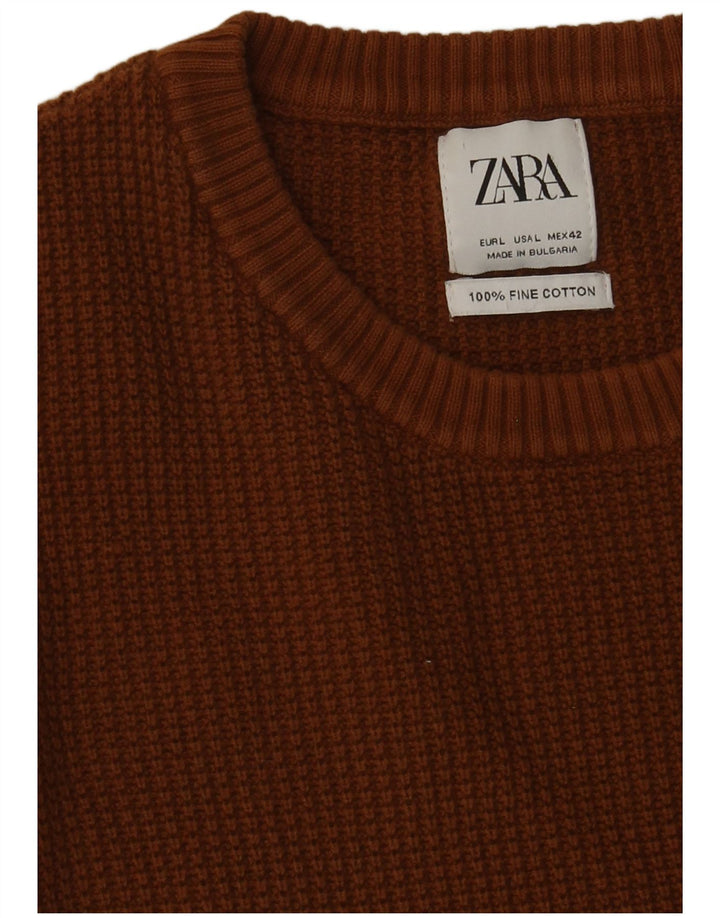 Zara Herren-Pullover mit Rundhalsausschnitt, groß, braune Baumwolle