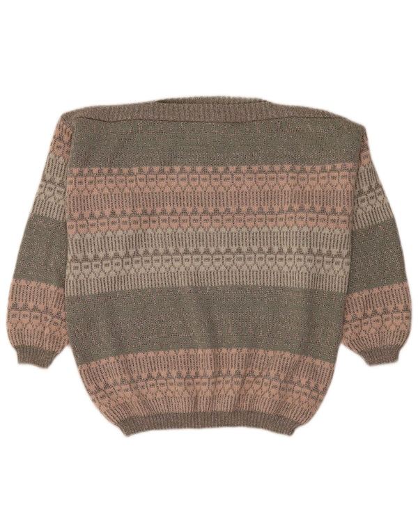 Vintage Damen Pullover mit U-Boot-Ausschnitt, Gr. 18, XL, Khaki, gestreift, Wolle