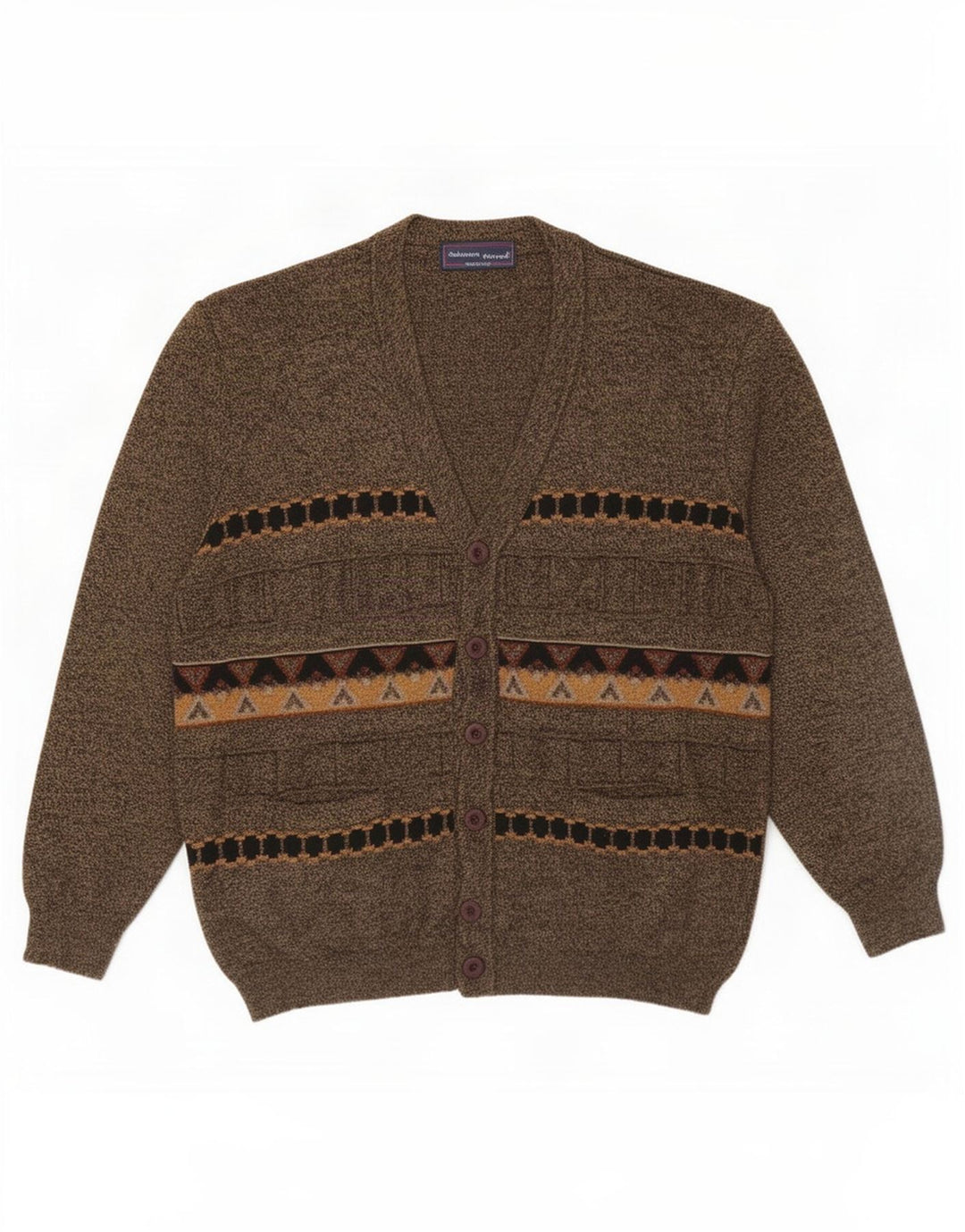 Vintage Herren Cardigan Pullover Große braune geometrische Wolle
