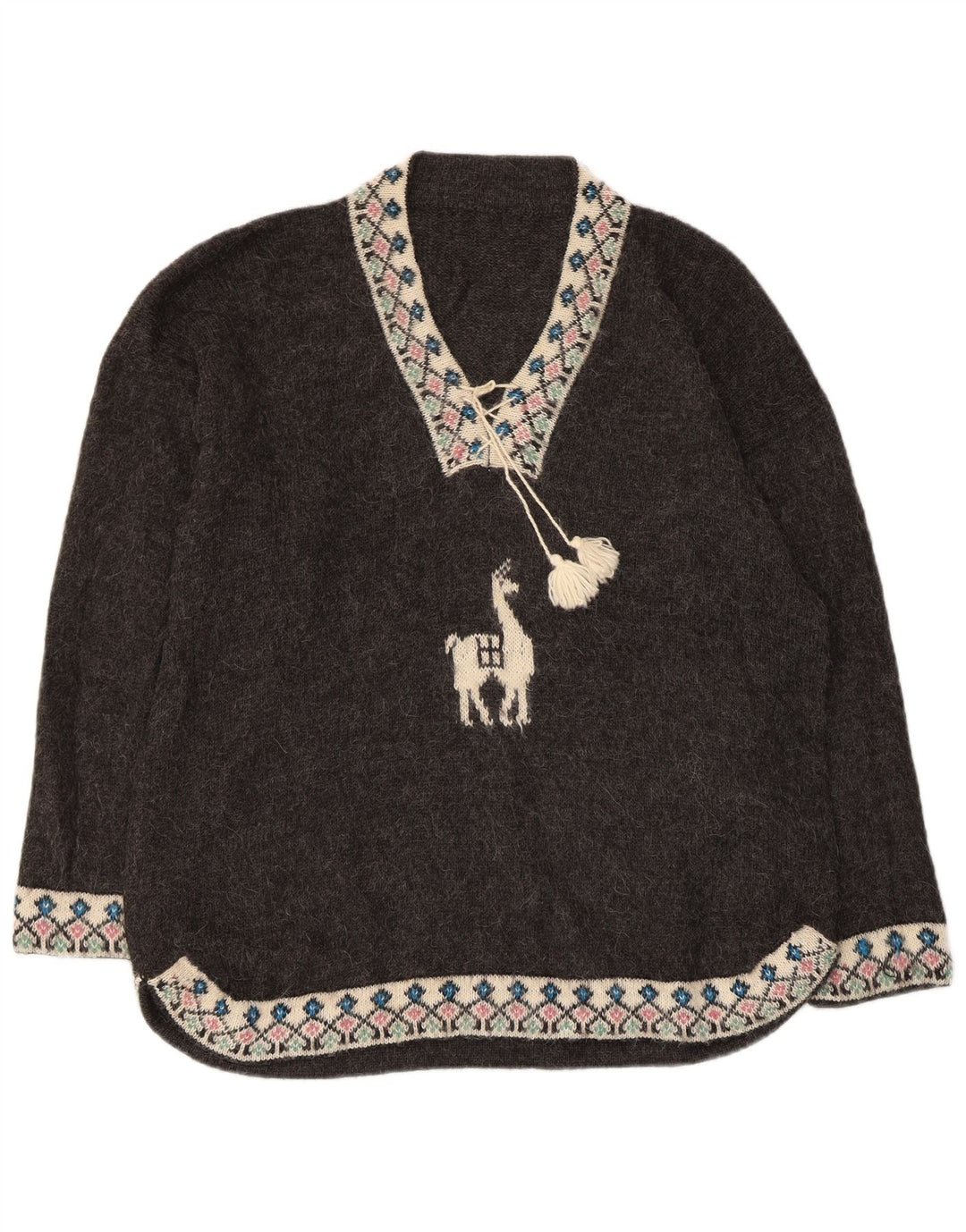 VINTAGE Damen Übergroßer Pullover mit V-Ausschnitt UK 18 XL Grau Fair Isle