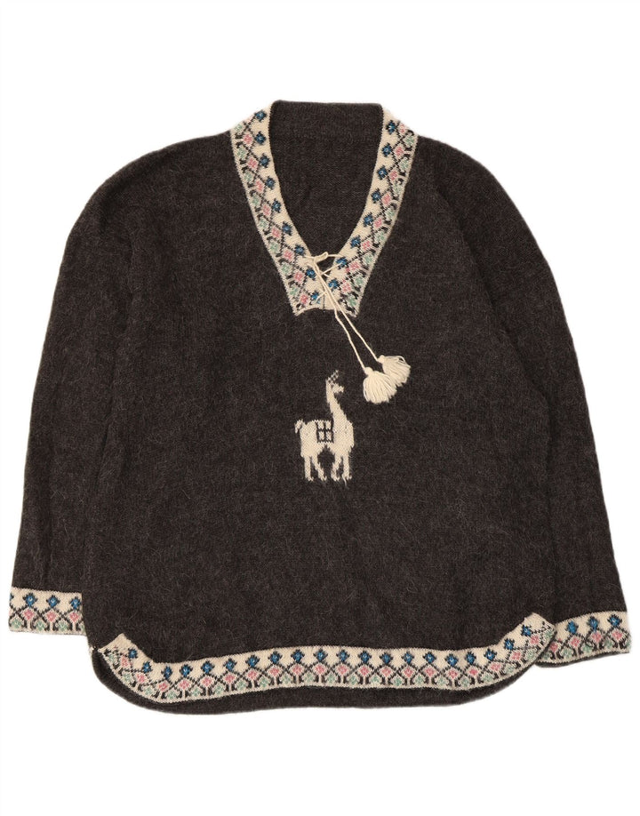 VINTAGE Damen Übergroßer Pullover mit V-Ausschnitt UK 18 XL Grau Fair Isle