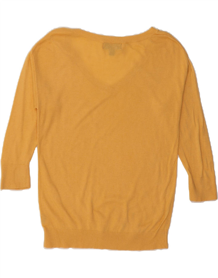 MOSSIMO Womens 3/4 Sleeve V-Neck Jumper Sweater UK 14 Medium Yellow Nylon Vintage Mossimo and Second-Hand Mossimo from Messina Hembry 
