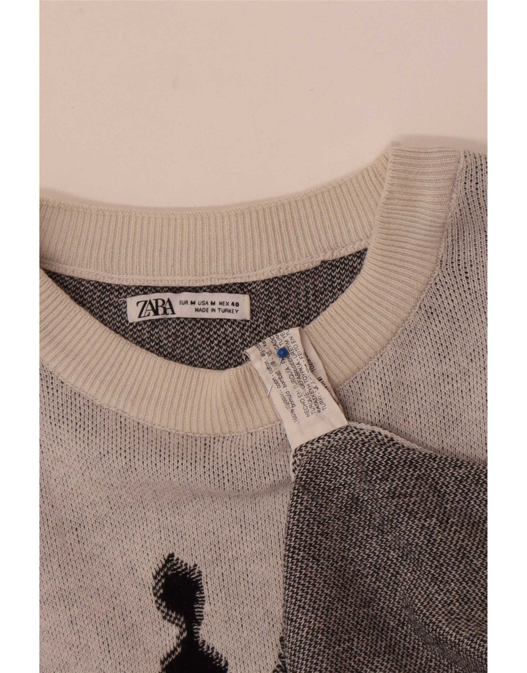 Zara Herren-Pullover mit grafischem U-Boot-Ausschnitt, mittelgraue Baumwolle