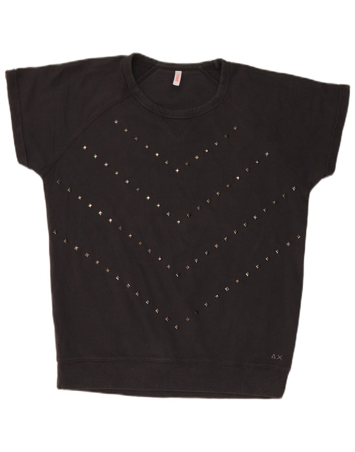 Sun68 Damen Kurzarm-Sweatshirt-Pullover UK 14 Mittelschwarze Baumwolle